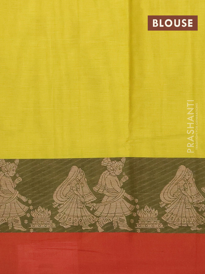 Narayanpet cotton saree lime yellow and green red with plain body and thread woven butta border