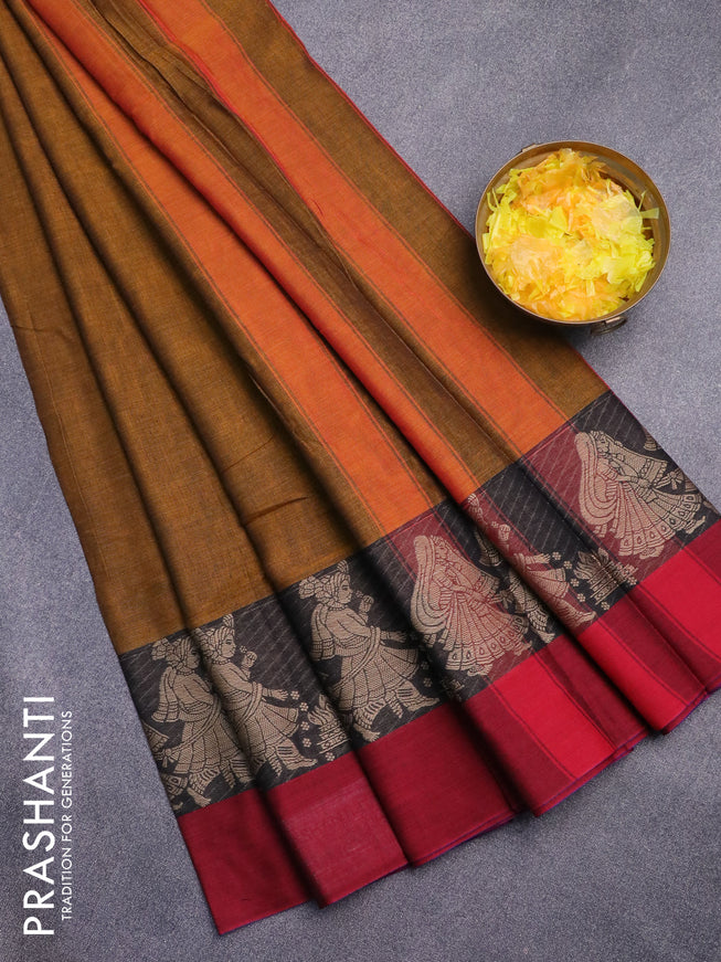 Narayanpet cotton saree dark mustard shade and black maroon with plain body and thread woven butta border