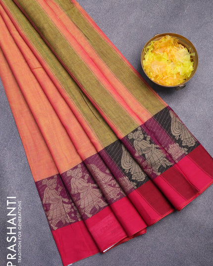 Narayanpet cotton saree dual shade of yellow and pink with plain body and thread woven butta border
