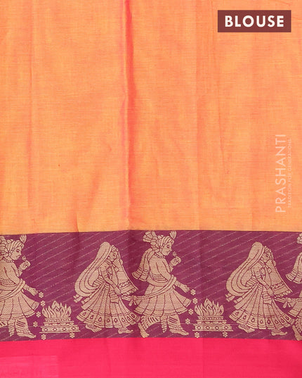 Narayanpet cotton saree dual shade of yellow and pink with plain body and thread woven butta border