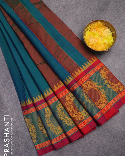 Narayanpet cotton saree dual shade of green and maroon with plain body and thread woven border
