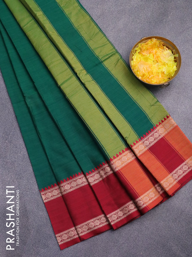 Narayanpet cotton saree green with plain body and ganga jamuna border
