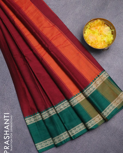 Narayanpet cotton saree maroon and mustard yellow with plain body and ganga jamuna border