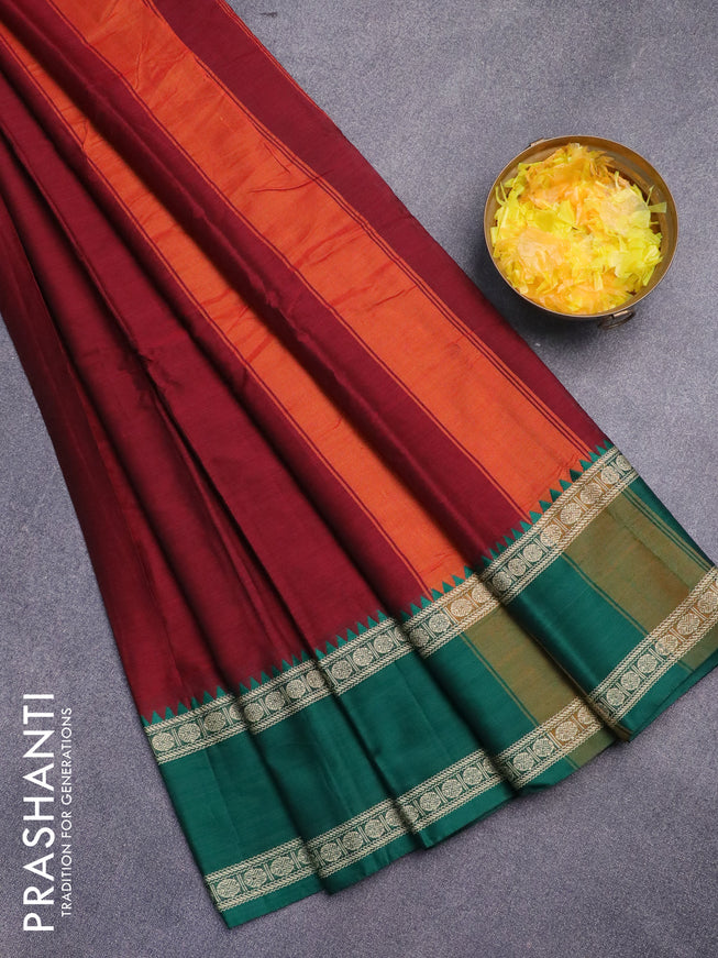 Narayanpet cotton saree maroon and mustard yellow with plain body and ganga jamuna border