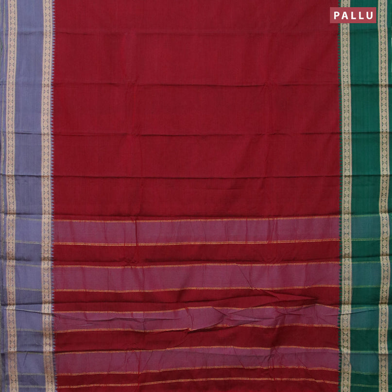 Narayanpet cotton saree maroon and green with plain body and ganga jamuna border