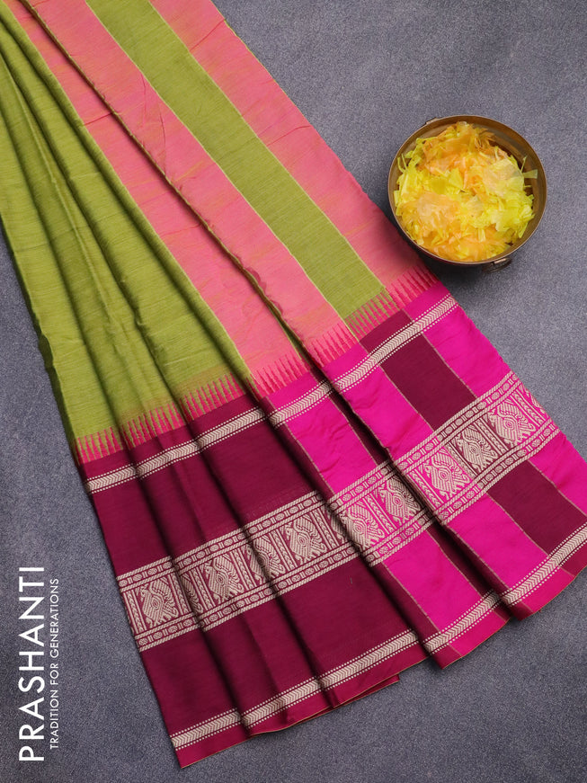 Narayanpet cotton saree light green and magenta pink with plain body and long thread woven border
