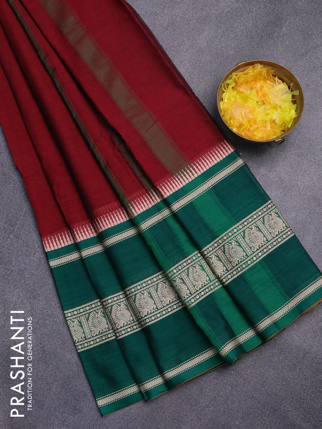 Narayanpet cotton saree maroon and green with plain body and long thread woven border