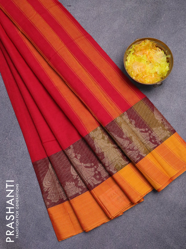 Narayanpet cotton saree red and maroon mango yellow with plain body and thread woven butta border