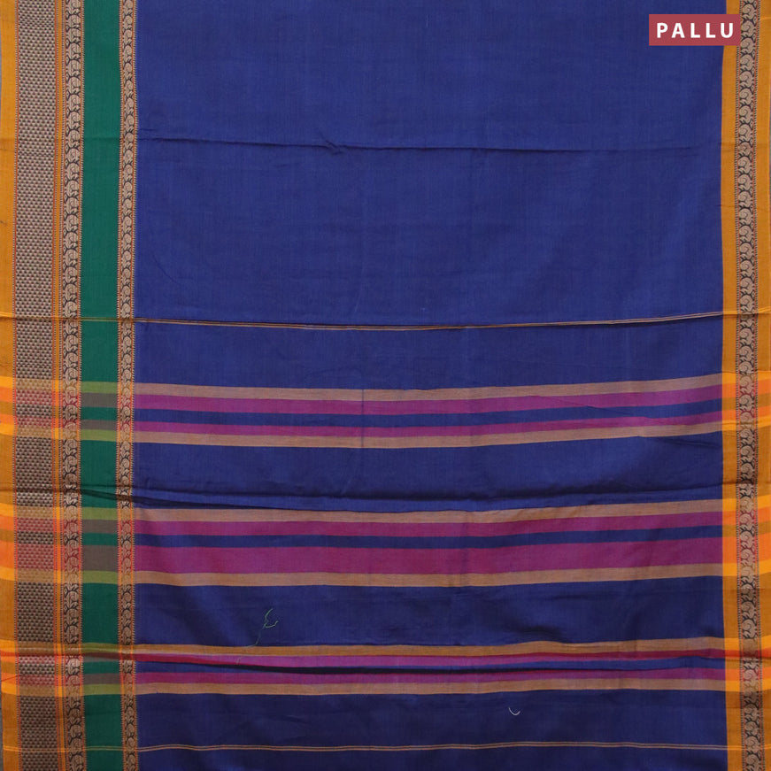 Narayanpet cotton saree blue and green mustard yellow with plain body and thread woven border