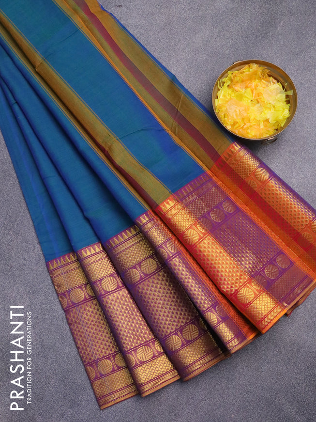 Narayanpet cotton saree dual shade of bluish green and purple with plain body and rudhraksha zari woven border