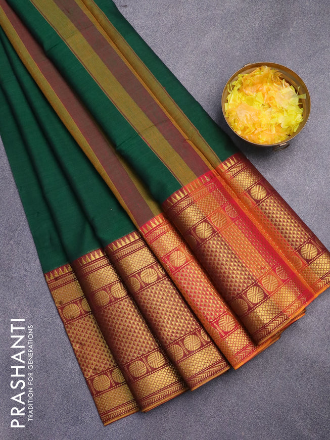 Narayanpet cotton saree green and maroon with plain body and rudhraksha zari woven border