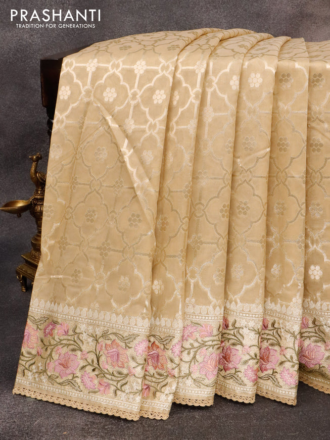 Banarasi cotton saree sandal with allover zari weaves and zari woven floral embroidery border