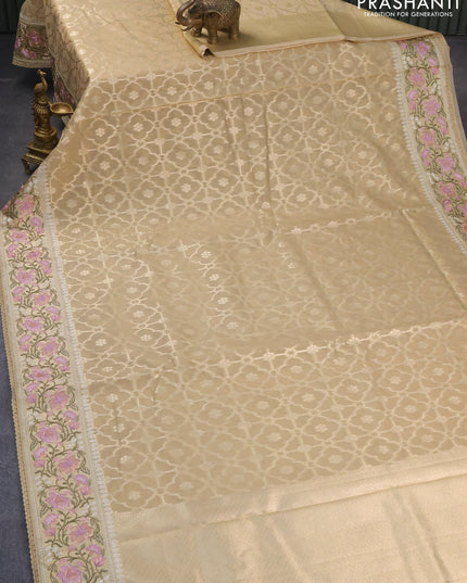 Banarasi cotton saree sandal with allover zari weaves and zari woven floral embroidery border