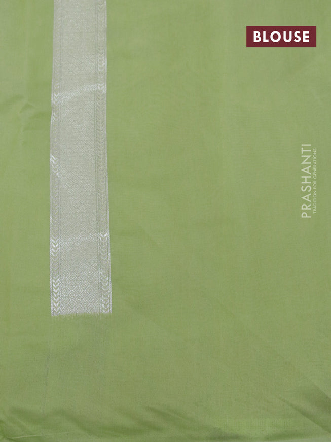 Banarasi cotton saree pista green with allover silver zari weaves and zari woven floral embroidery border