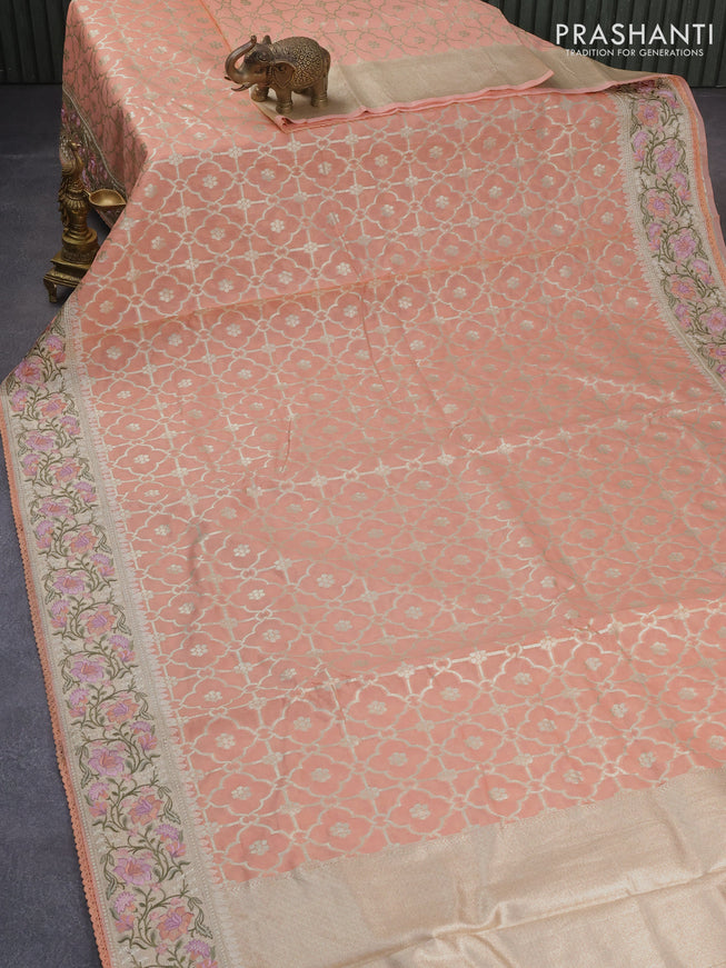 Banarasi cotton saree peach orange with allover zari weaves and zari woven floral embroidery border