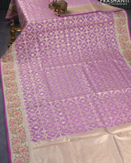 Banarasi cotton saree lavender with allover zari weaves and zari woven floral embroidery border