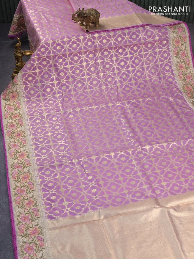 Banarasi cotton saree lavender with allover zari weaves and zari woven floral embroidery border