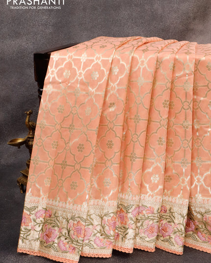 Banarasi cotton saree peach orange with allover zari weaves and zari woven floral embroidery border