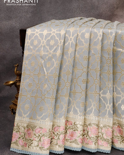Banarasi cotton saree grey with allover zari weaves and zari woven floral embroidery border