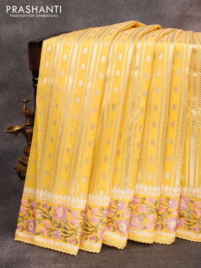 Banarasi cotton saree yellow with allover silver & gold zari weaves and floral embroidery border