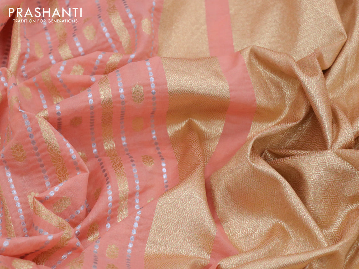 Banarasi cotton saree peach orange with allover silver & gold zari weaves and floral embroidery border