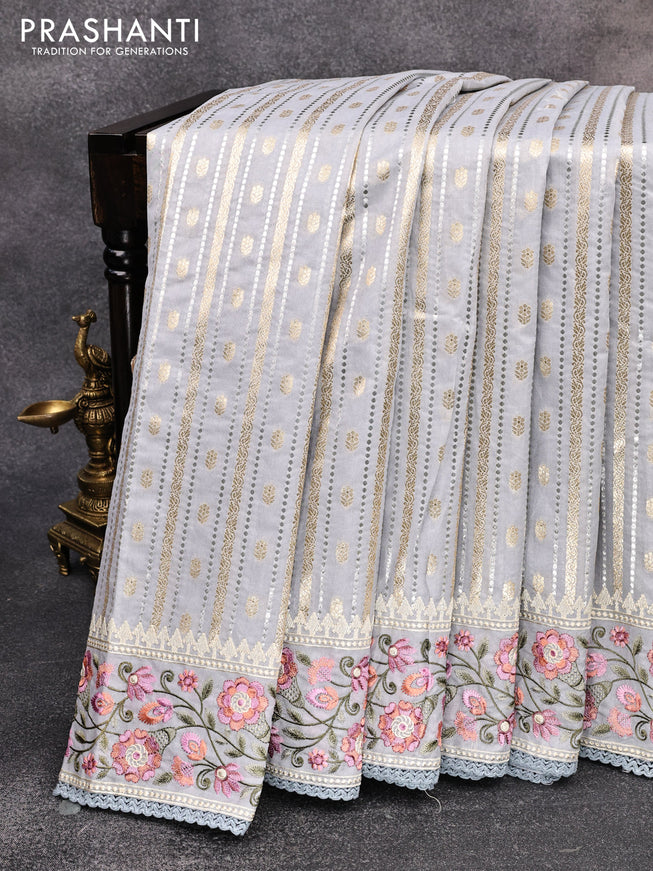 Banarasi cotton saree grey with allover silver & gold zari weaves and floral embroidery border