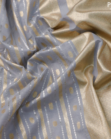 Banarasi cotton saree grey with allover silver & gold zari weaves and floral embroidery border