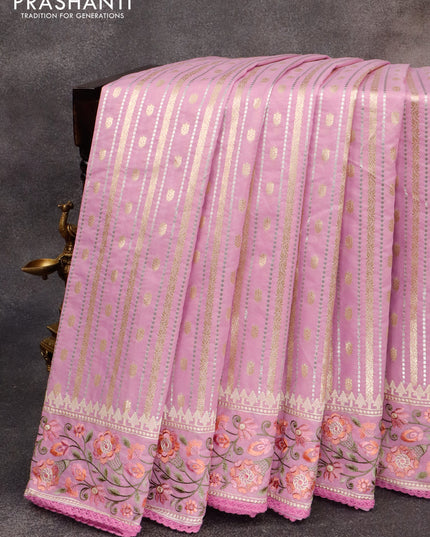 Banarasi cotton saree lavender with allover silver & gold zari weaves and floral embroidery border