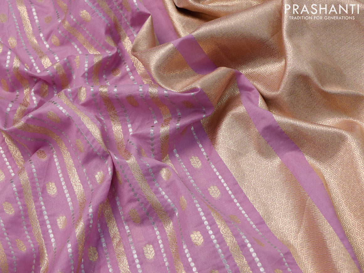 Banarasi cotton saree lavender with allover silver & gold zari weaves and floral embroidery border