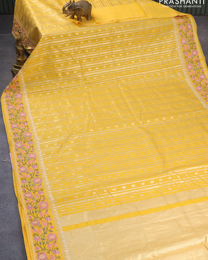Banarasi cotton saree mango yellow with allover silver & gold zari weaves and floral embroidery border