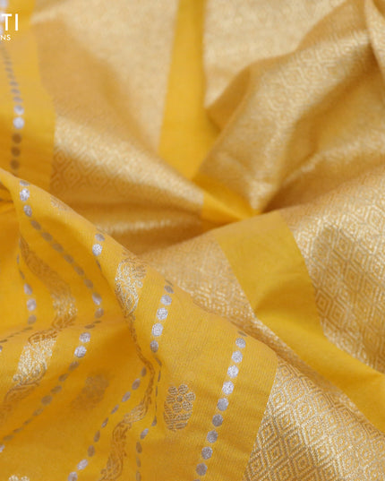 Banarasi cotton saree mango yellow with allover silver & gold zari weaves and floral embroidery border