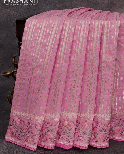 Banarasi cotton saree light pink with allover silver & gold zari weaves and floral embroidery border