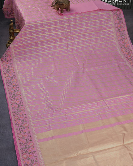 Banarasi cotton saree light pink with allover silver & gold zari weaves and floral embroidery border