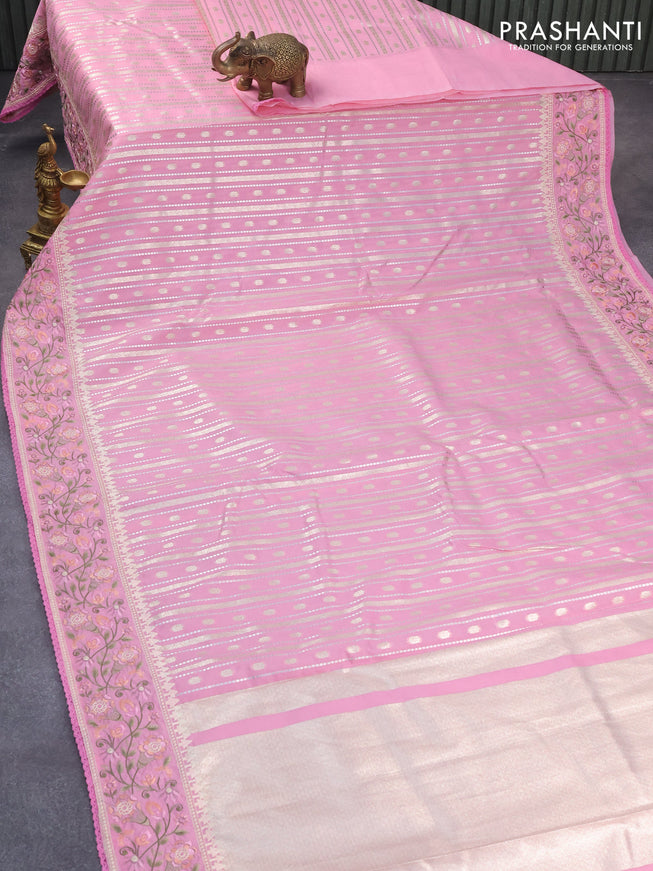 Banarasi cotton saree light pink with allover zari weaves and floral embroidery border