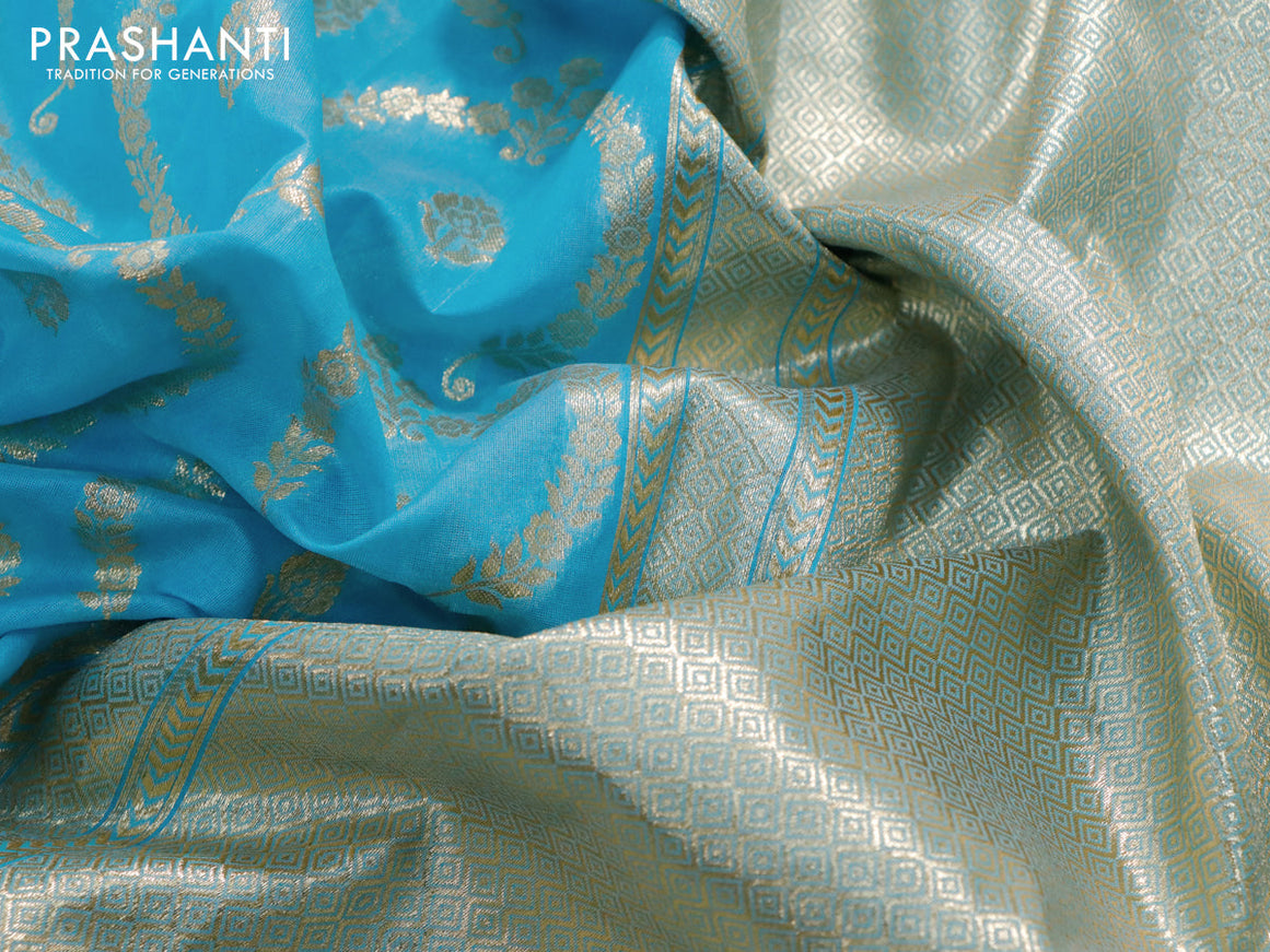 Banarasi cotton saree light blue with allover zari weaves and floral embroidery border