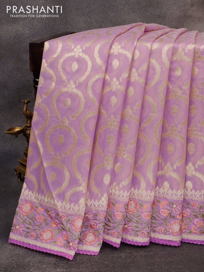 Banarasi cotton saree lavender with allover zari weaves and floral embroidery border