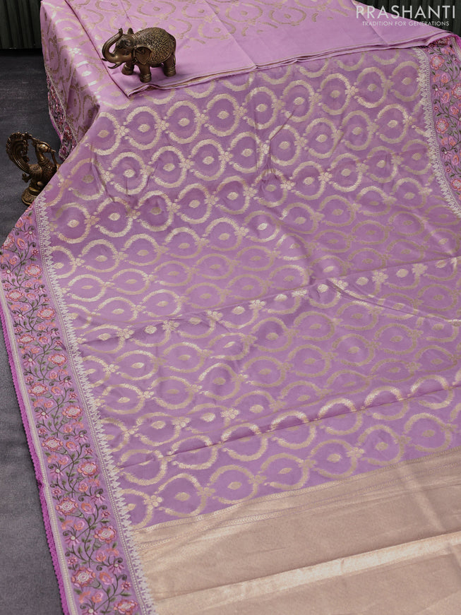 Banarasi cotton saree lavender with allover zari weaves and floral embroidery border