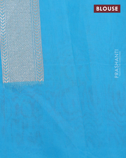 Banarasi cotton saree light blue with allover silver zari weaves and floral embroidery border