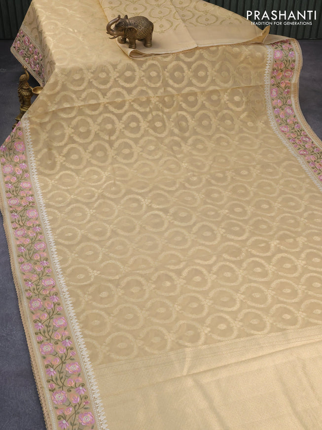 Banarasi cotton saree sandal with allover zari weaves and floral embroidery border