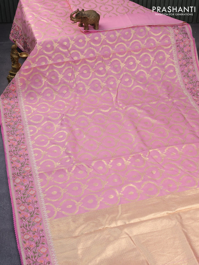 Banarasi cotton saree light pink with allover zari weaves and floral embroidery border