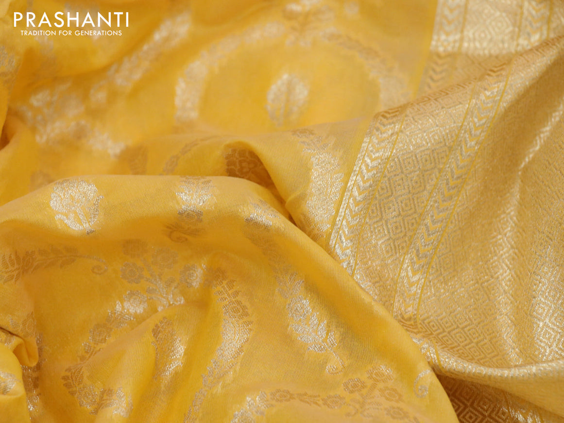 Banarasi cotton saree mango yellow with allover zari weaves and floral embroidery border