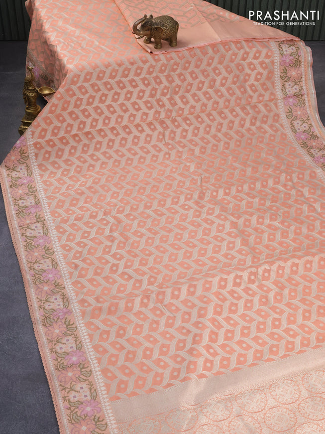 Banarasi cotton saree peach orange with allover zari weaves and zari woven floral embroidery work border