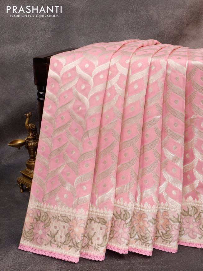 Banarasi cotton saree pink with allover zari weaves and zari woven floral embroidery work border