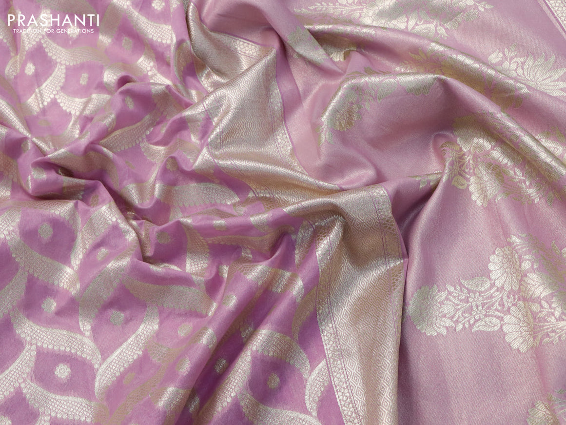 Banarasi cotton saree lavender with allover silver zari weaves and zari woven floral embroidery work border