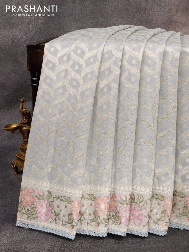 Banarasi cotton saree grey with allover silver zari weaves and zari woven floral embroidery work border