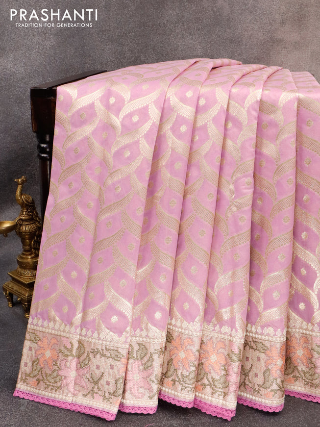 Banarasi cotton saree lavender with allover zari weaves and zari woven floral embroidery work border