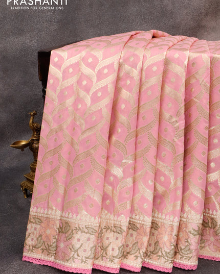 Banarasi cotton saree light pink with allover zari weaves and zari woven floral embroidery work border