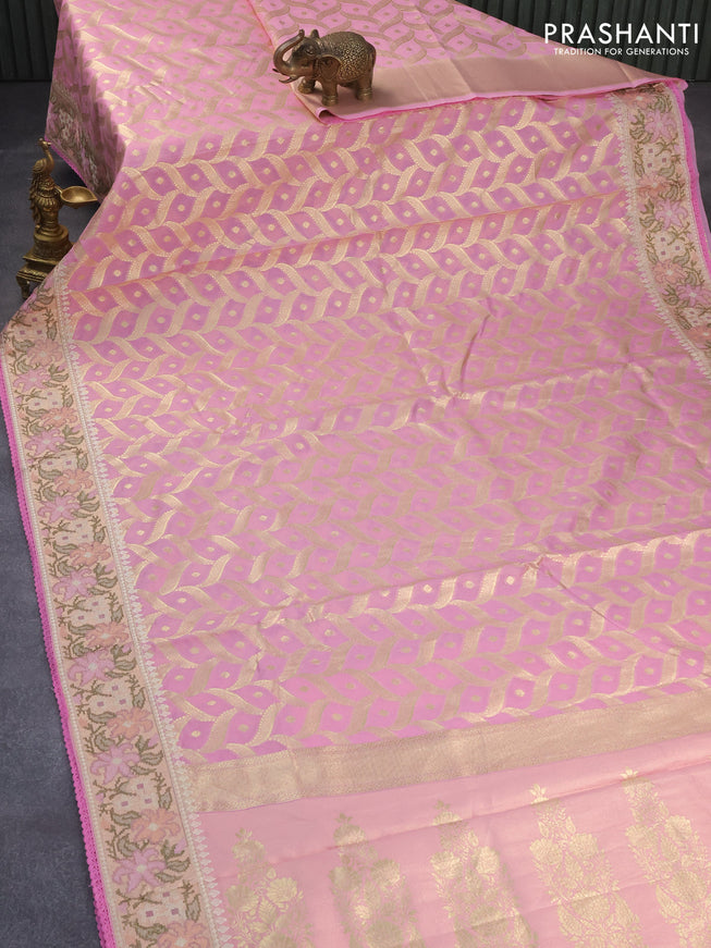 Banarasi cotton saree light pink with allover zari weaves and zari woven floral embroidery work border