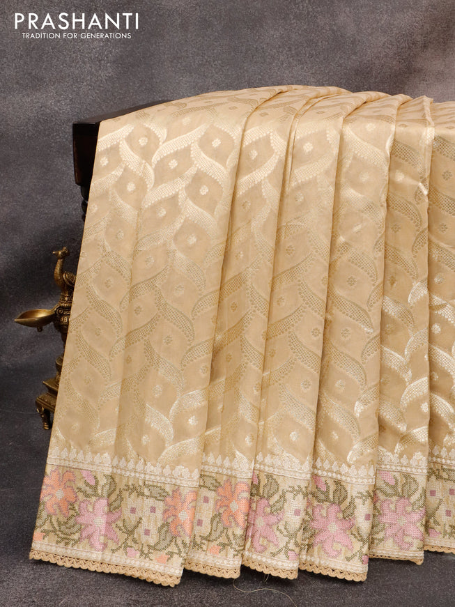 Banarasi cotton saree sandal with allover zari weaves and zari woven floral embroidery work border