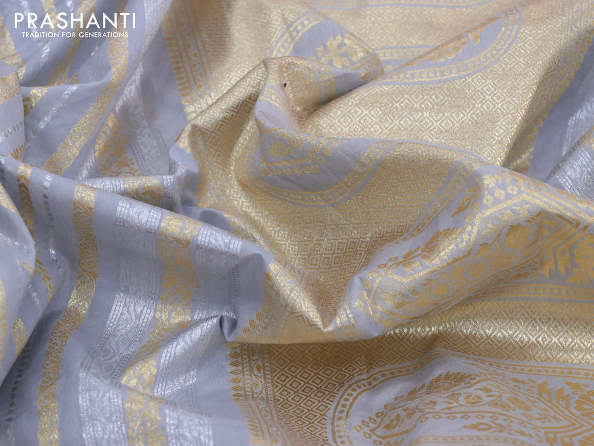 Banarasi cotton saree grey with allover silver & gold zari weaves and zari woven floral embroidery work border
